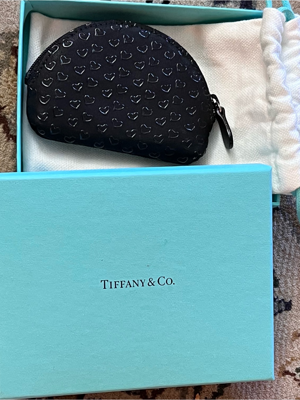 Tiffany & Co. Elsa Paretti Open Heart Black Heart Leather Zip Pouch Coin Purse